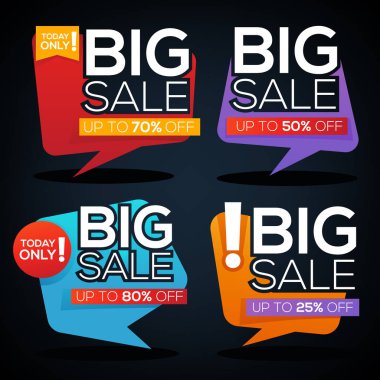 Büyük satış konuşma balonları, afiş ve etiket şablon desi indirim