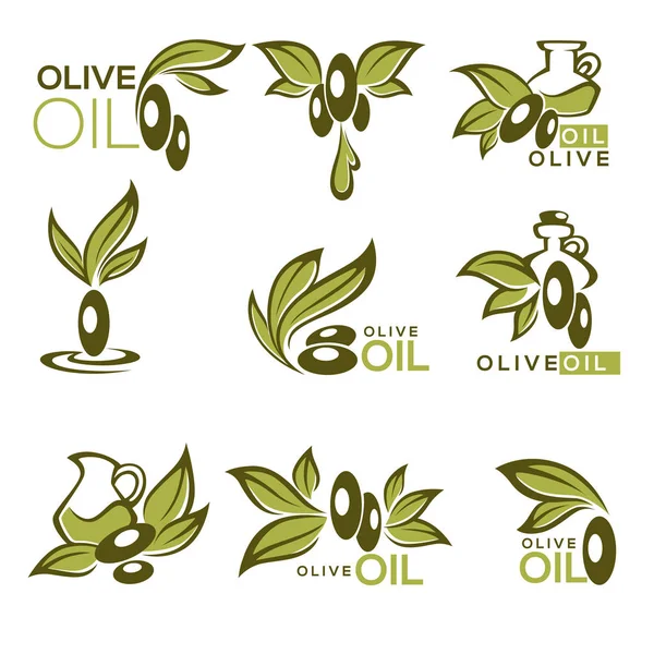 Groene olijven en aan olie, vector verzameling logo sjablonen, tekenen — Stockvector
