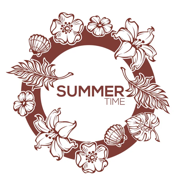 Horário de verão, fundo tropical com folhas de palmeira, flores, planta —  Vetores de Stock