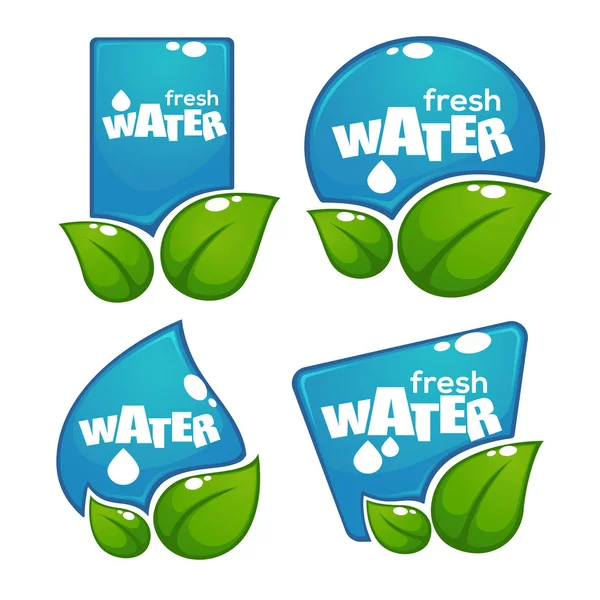 Glanzend en glans water etiketten en banners met groene bladeren op w — Stockvector