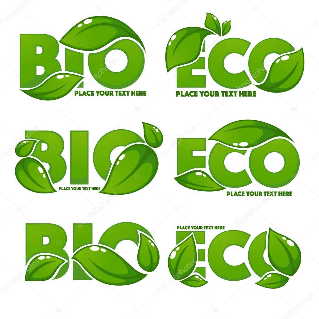 Vector collection of bright and shine leaf signs, symbols eco and bio organic slogans