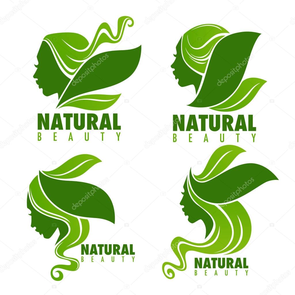 Natural beauty, beautiful woman face with green leaves in the hair for your logo