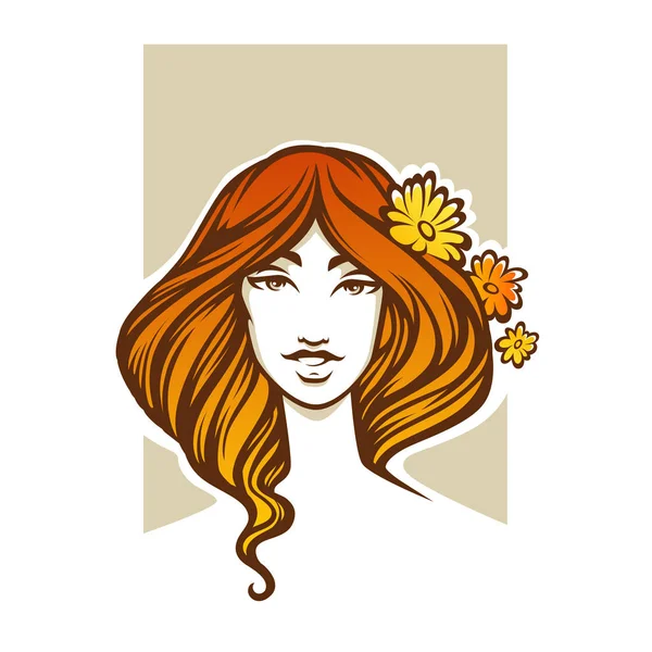 Belleza natural, vector retrato de romántica dama de pelo rojo con f — Vector de stock