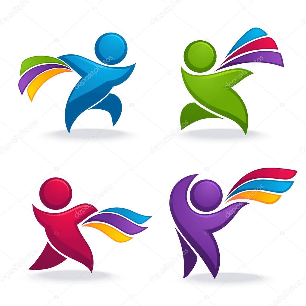 Abstract spoortive people with vibrant rainbow ribbons in hands for your logo or emblems