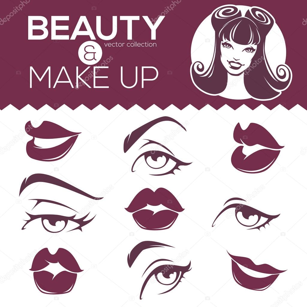 Retro beauty collection, pinup girl, lips, eyes
