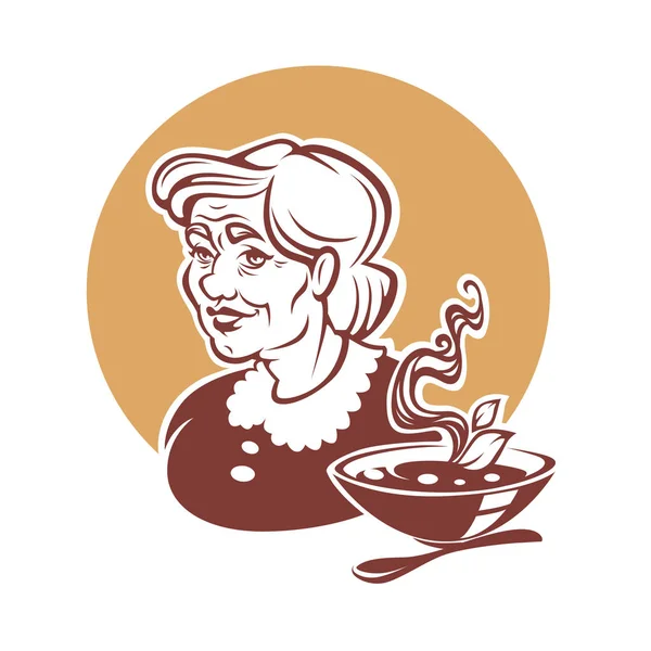 Portrait vectoriel de belle grand-mère et soupe maison — Image vectorielle