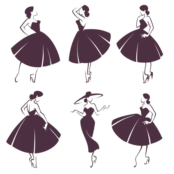 New look girls, vector collection of lady in retro style dress — Stock Vector