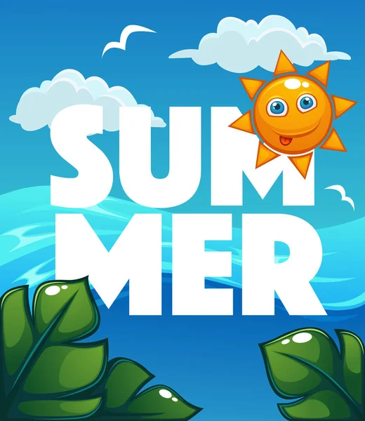Tempo de verão, ilustração vetorial com água do mar quente, céu azul s —  Vetores de Stock