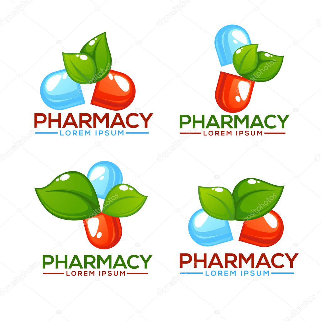 Eco Pharma, Glossy nd Shine Logo Template with Images of Pills and Green Leaves