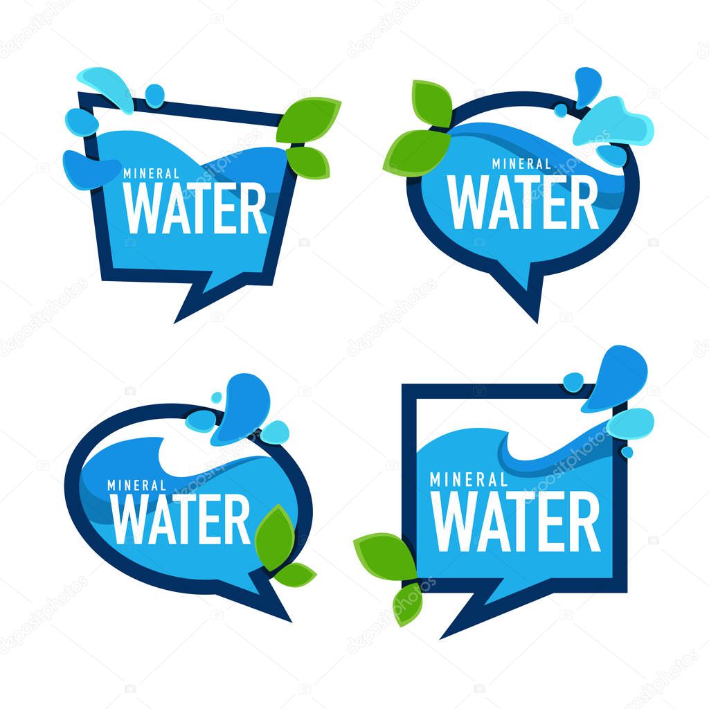 Natural mineral  water, vector emblems, labels and stickers templates with aqua drops