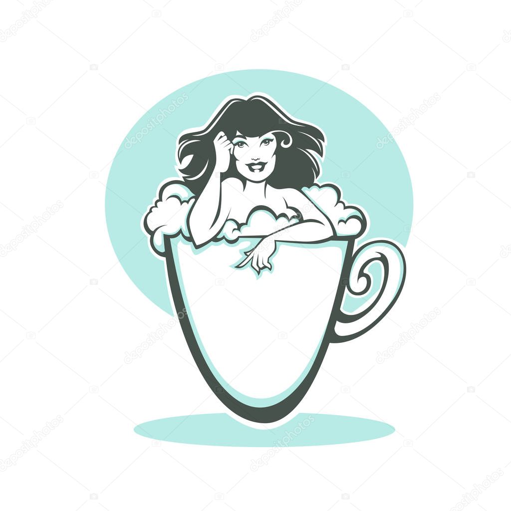 time for me, vector image  of happy pinup lady  taking a bath in