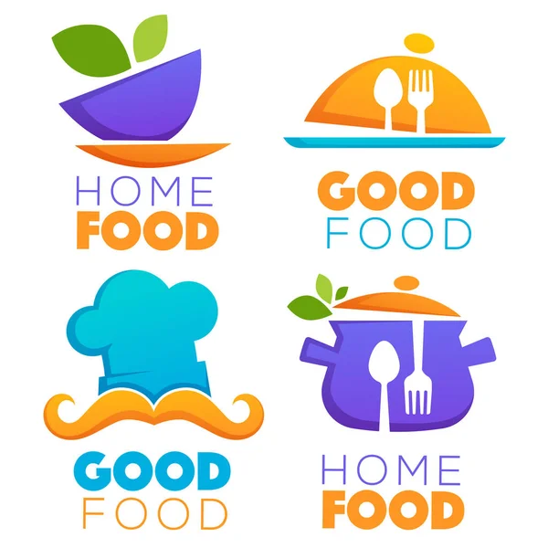Logotipo engraçado e brilhante da comida e da cozinha, emblemas e símbolos — Vetor de Stock