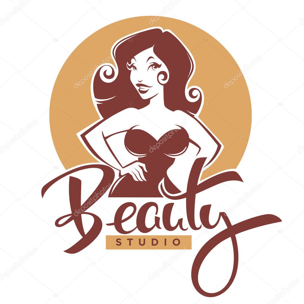 Beauty studio  lettering composition and sexy retro pinup girl f