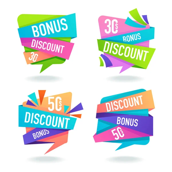 Sconto luminoso e Bonus Bubble Tags, emblemi e coniglietti — Vettoriale Stock