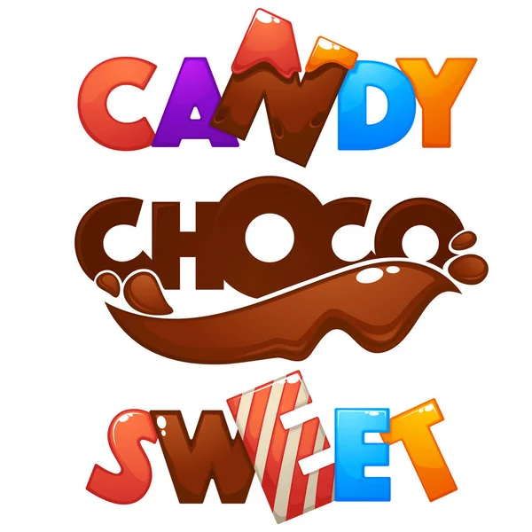 Bonbons, Schokolade, süße, helle und glänzende Cartoon-Schriftzüge — Stockvektor