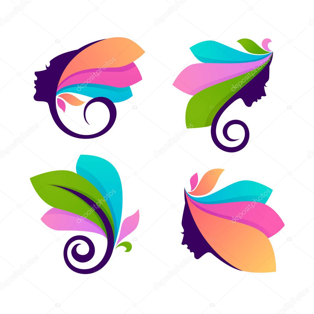 Bright Leaves And Women Faces For Your Logo Or Emblems