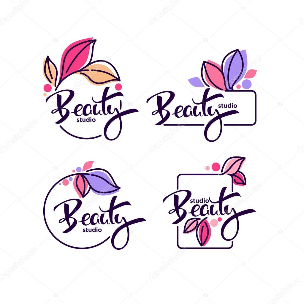 Vector collection of doodle flowers emblems frames and logo with beauty studio lettering composition