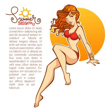 Yaz sezonu, karikatür vektör kız kırmızı mayo
