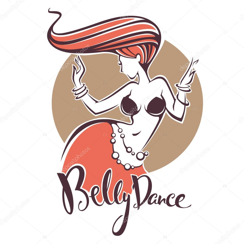 Red head belly dance lady image and lettering composition for your logo