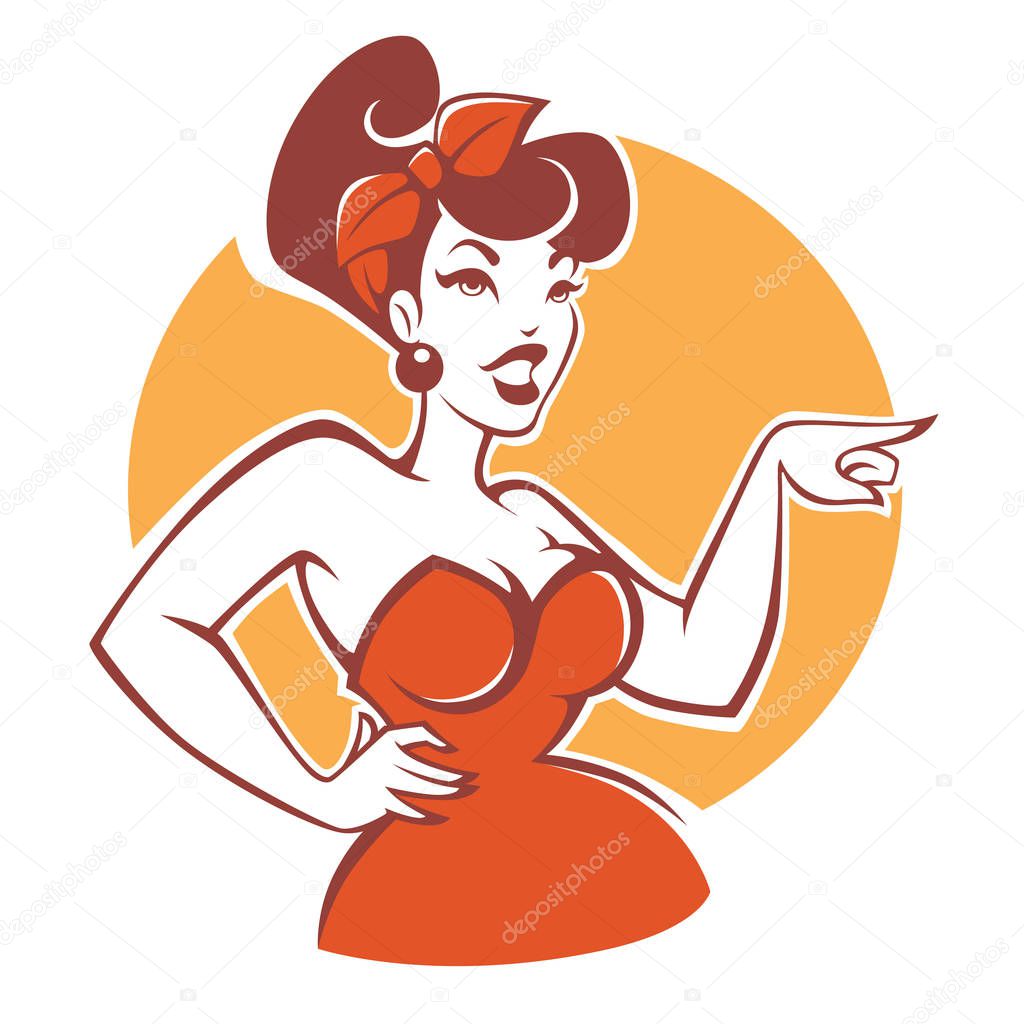 Plus size pinup girl in red dress on beige background for your logo or emblem