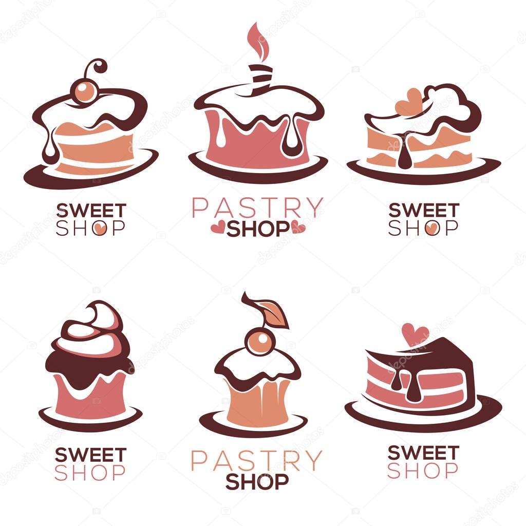Bakery, pastry, confectionery, cake, dessert, sweets shop, vector logo and emblem collection