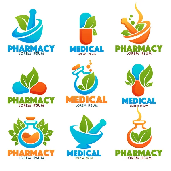 Eco Pharma, modelo brilhante do logotipo do brilho com imagens de garrafas, p —  Vetores de Stock