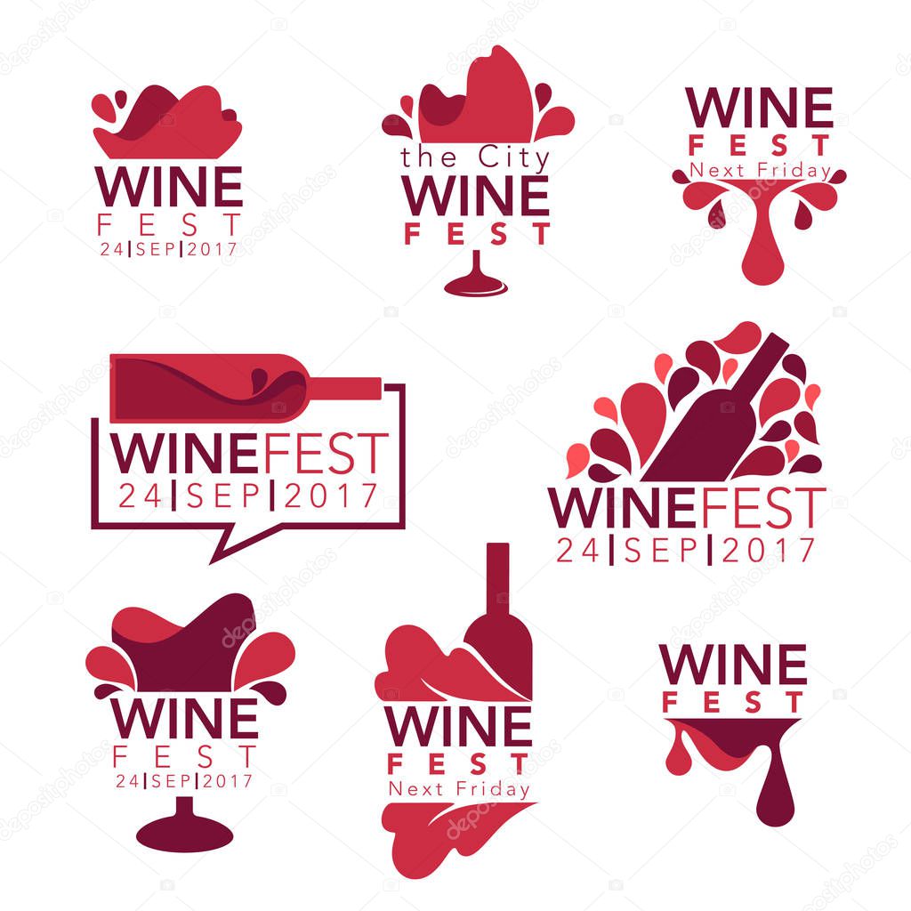 Wine fest, red wine bottles and glasses, logo, emblems, labels