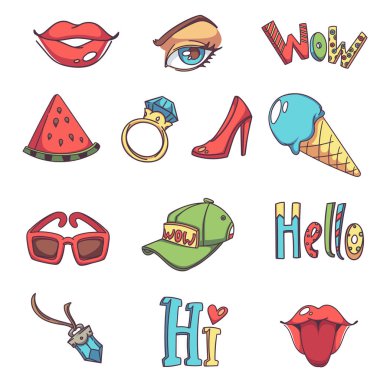 vektör koleksiyonu moda yama rozetleri dudaklı, göz ve