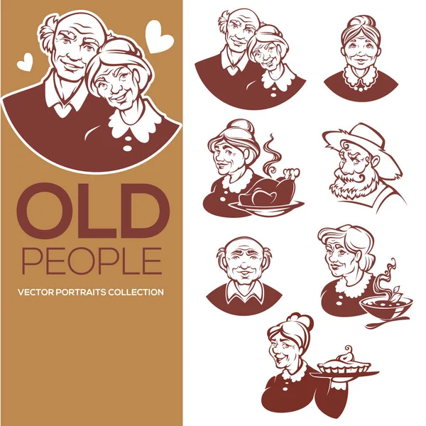 Large vector collection of happy old people portraits for your l — Stock Vector