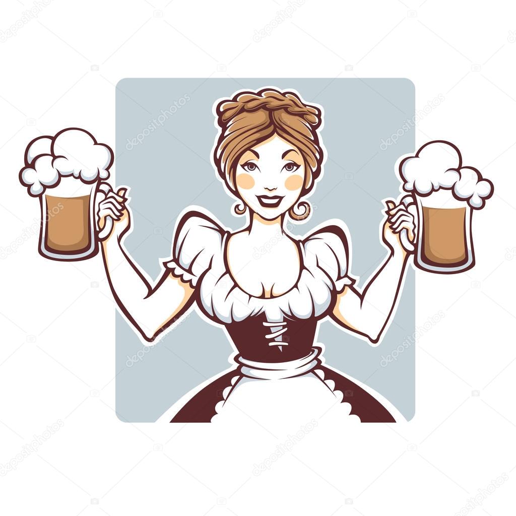 Beauty and sexy vector  German girl holding a draft beer portrait, logo or emblem for your Oktoberfest menu