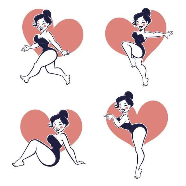 Grappige cartoon pinup meisjes in verschillende poses — Stockvector