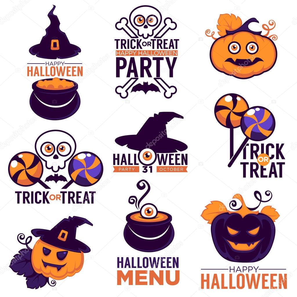 Vector cartoon collection of bright logo, stickers and icons with lettering composition for your Halloween party