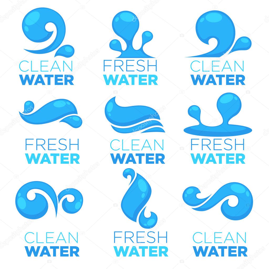 Natural water, vector logo, labels and stickers templates with aqua drops