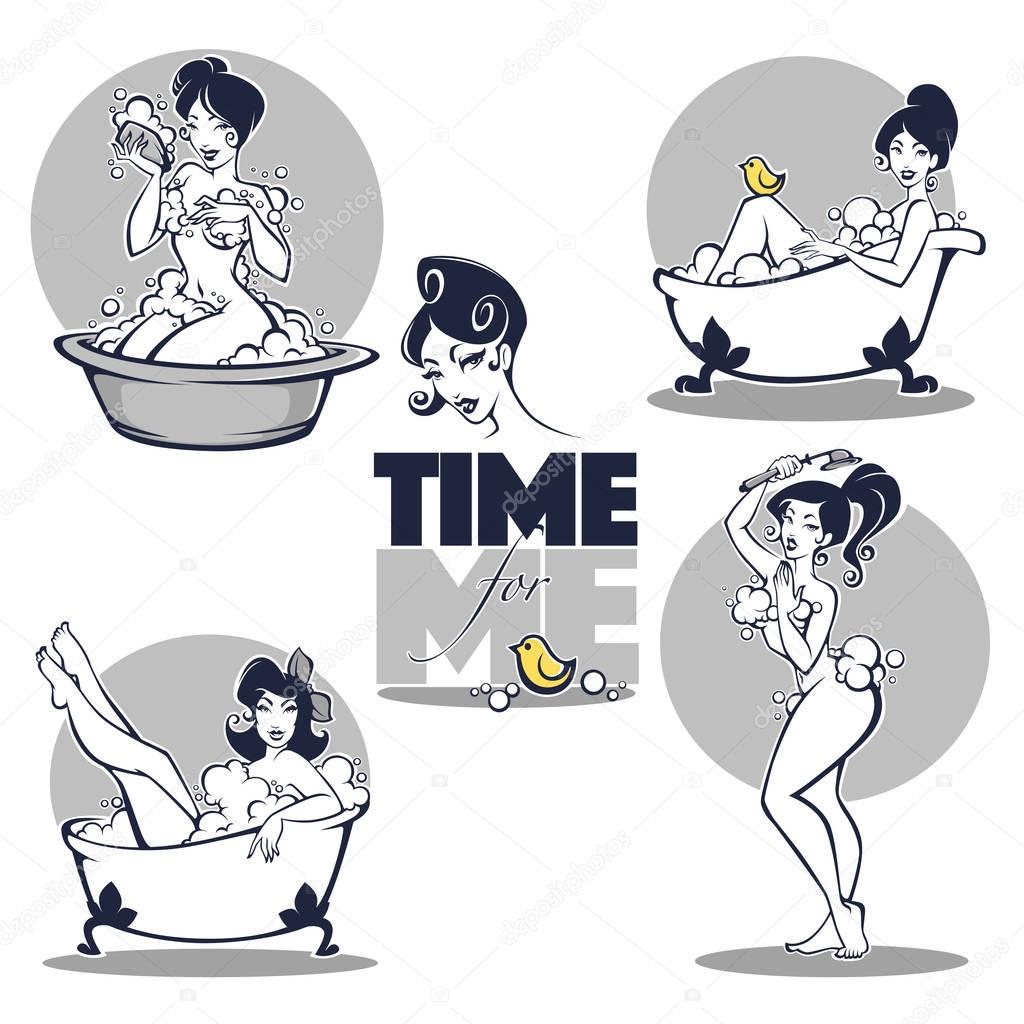 time for me, vector collection of beautiful women taking a bath 
