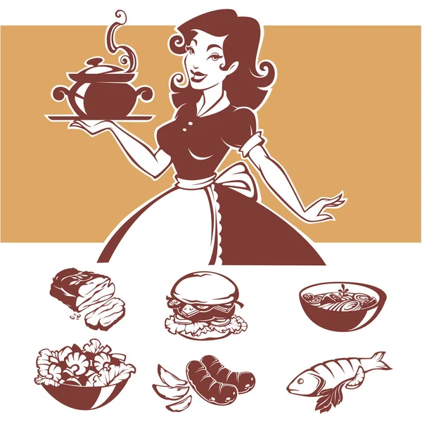 Hemmagjord matlagning, vektor illustraton pinuppa hemmafru och comm — Stock vektor