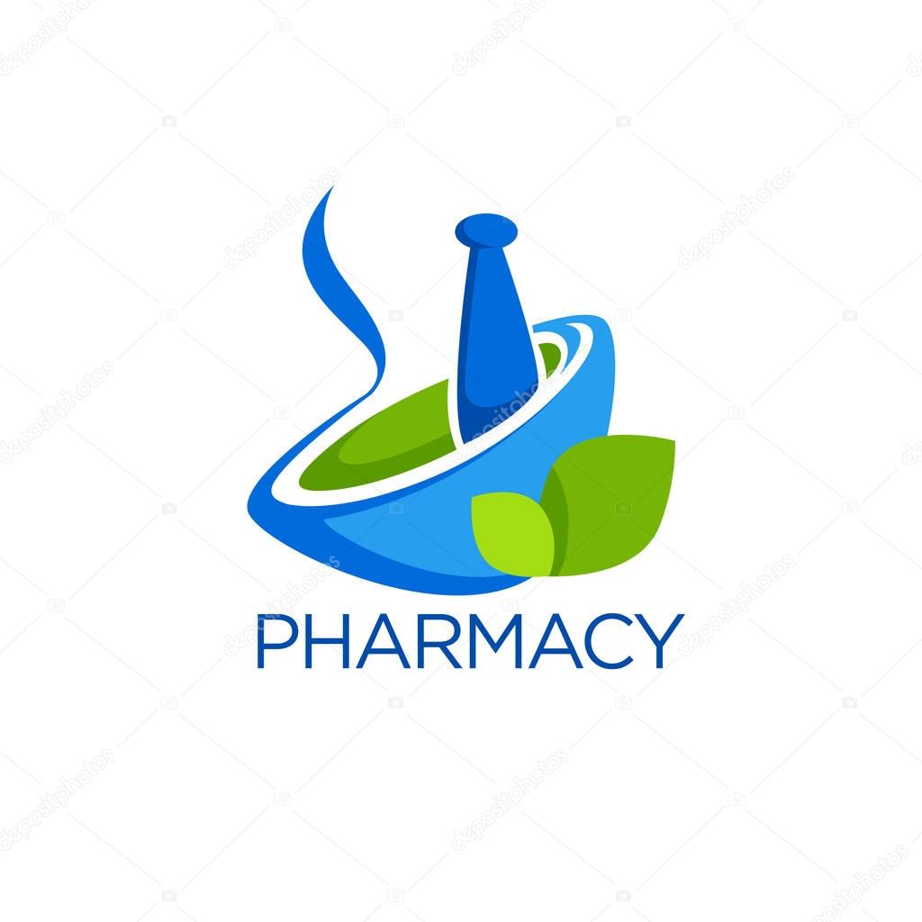 Eco Pharmacy, Glossy Shine Logo Template with Images of  pounder and green Leaves