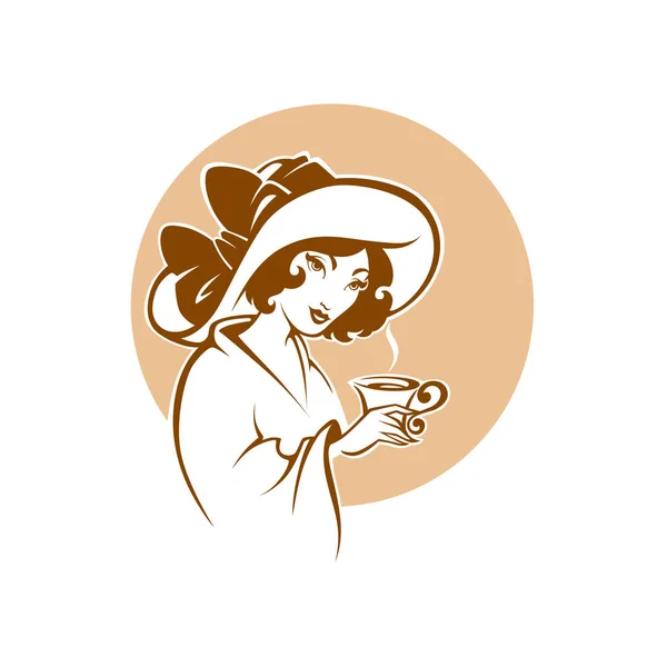 Βικτοριανή κυρία πορτρέτο, κρατώντας ένα φλιτζάνι μπλουζάκι, καφέ ή σοκολά — Διανυσματικό Αρχείο
