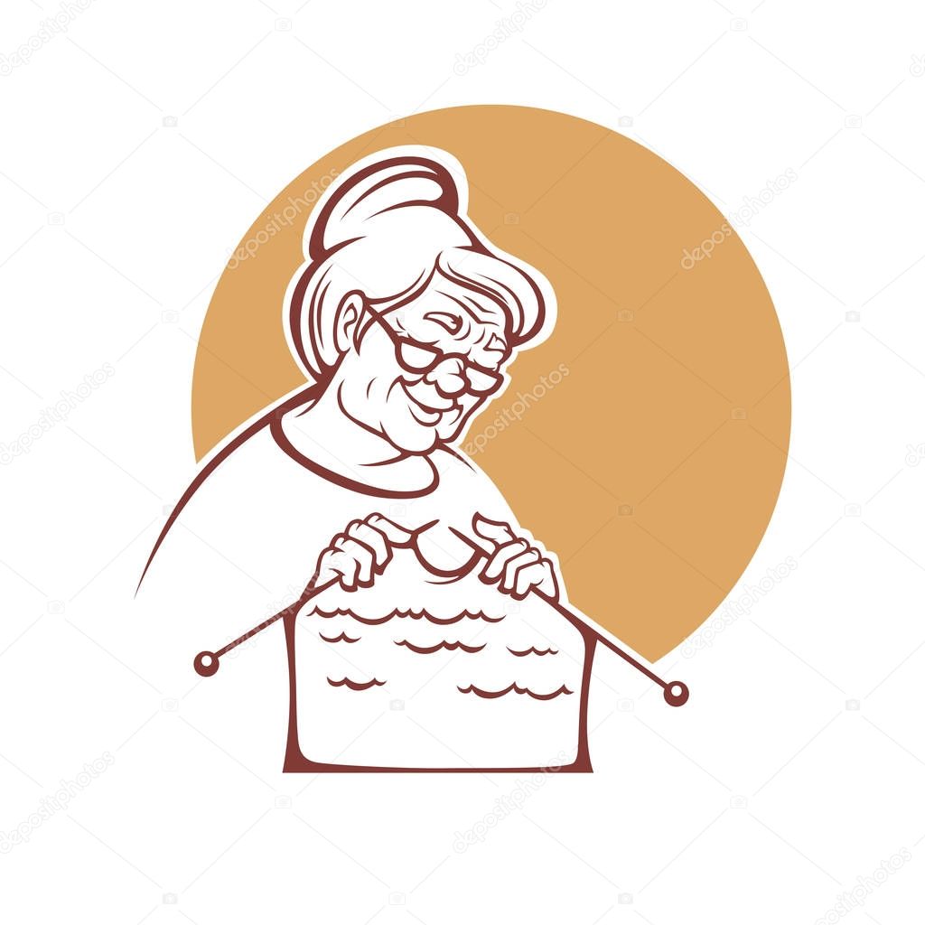 Lovely grandmother, old lady knitting a handmade sweater , logo, label or emblem for your yarn shop