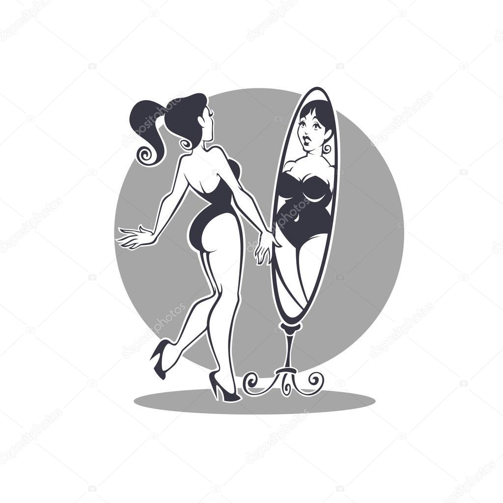 My mirror, vector illustration of slim pinup girl and her overweight reflection
