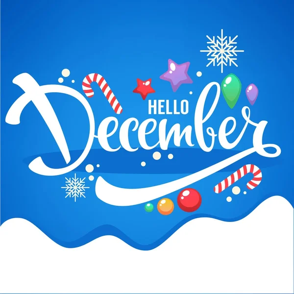 Hola diciembre, bolas brillantes de Navidad, piruletas y letras — Vector de stock