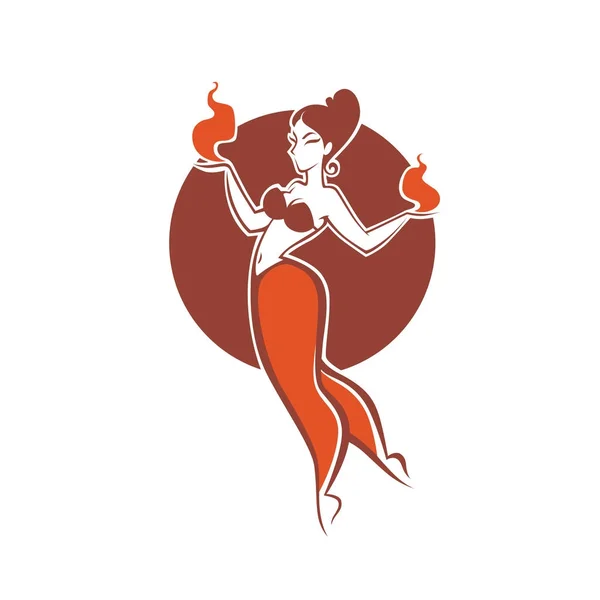 Ragazza indiana che balla con il fuoco, immagine per il vostro logo, etichetta, emble — Vettoriale Stock