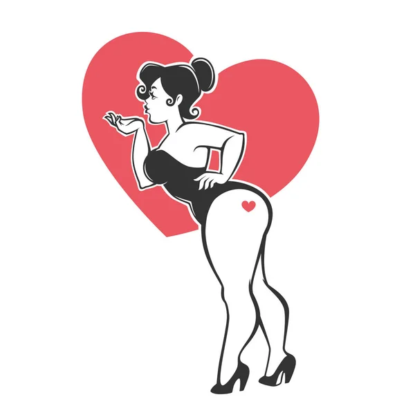 Sexy sobrepeso pin up menina no fundo forma de coração —  Vetores de Stock