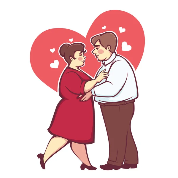 Pasangan romantis kelebihan berat badan, bahagia kartun vektor pria dan wanita d - Stok Vektor