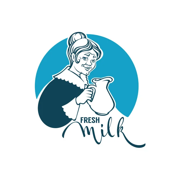 Fresco latte logo modello di design con ritratto vettoriale di bella g — Vettoriale Stock