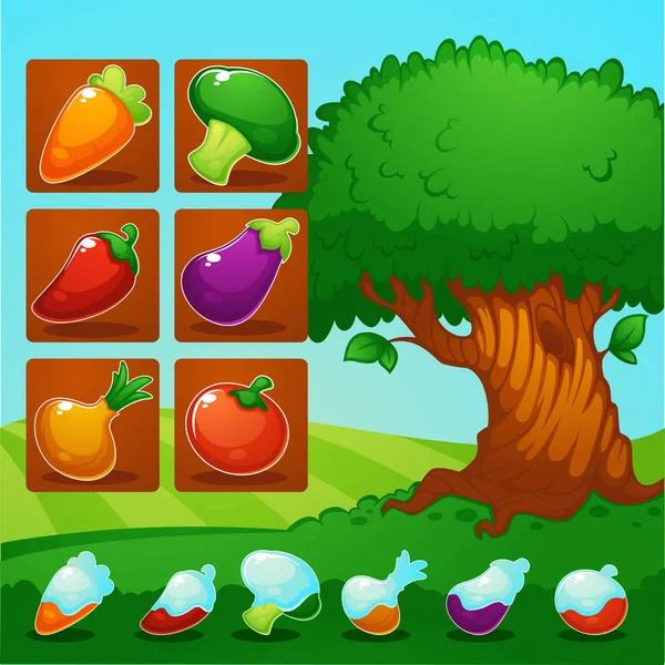 Kleine boerderij, Match 3 mobiele Game, spelen objecten, groenten en — Stockvector