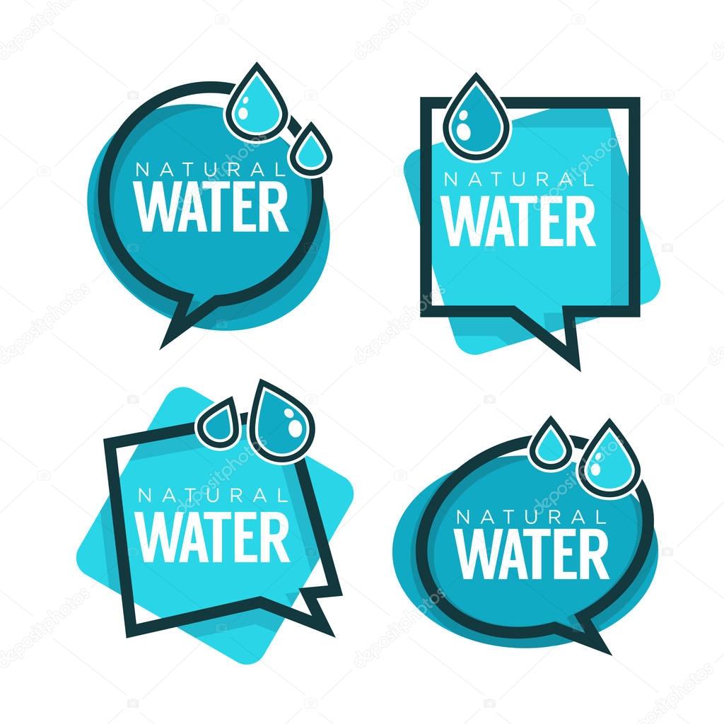 Natural water, vector logo, labels and stickers templates with aqua drops