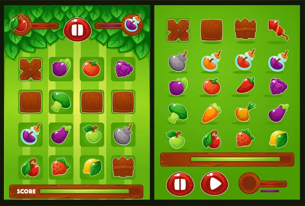 Todos os elementos para oyur match 3 jogo, fazenda, legumes, frutas, ser — Vetor de Stock