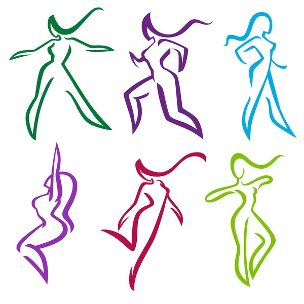 Vector collection of abstract women in dancing and sportive pose — Stock Vector