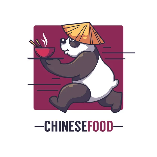 Funny cartoon panda takes an bowl full of asian food, vector log — Stock Vector