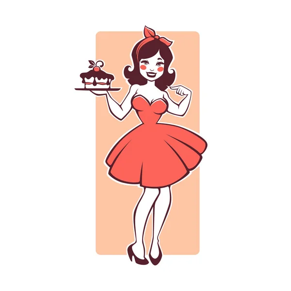 Beleza retro pinup cartoon menina segurando um delicioso bolo saboroso —  Vetores de Stock